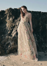 Lucia | Floral Champagne Wedding Dresses – Custom Colors & All - Day Comfort - Champagne Floral - PromDressClub